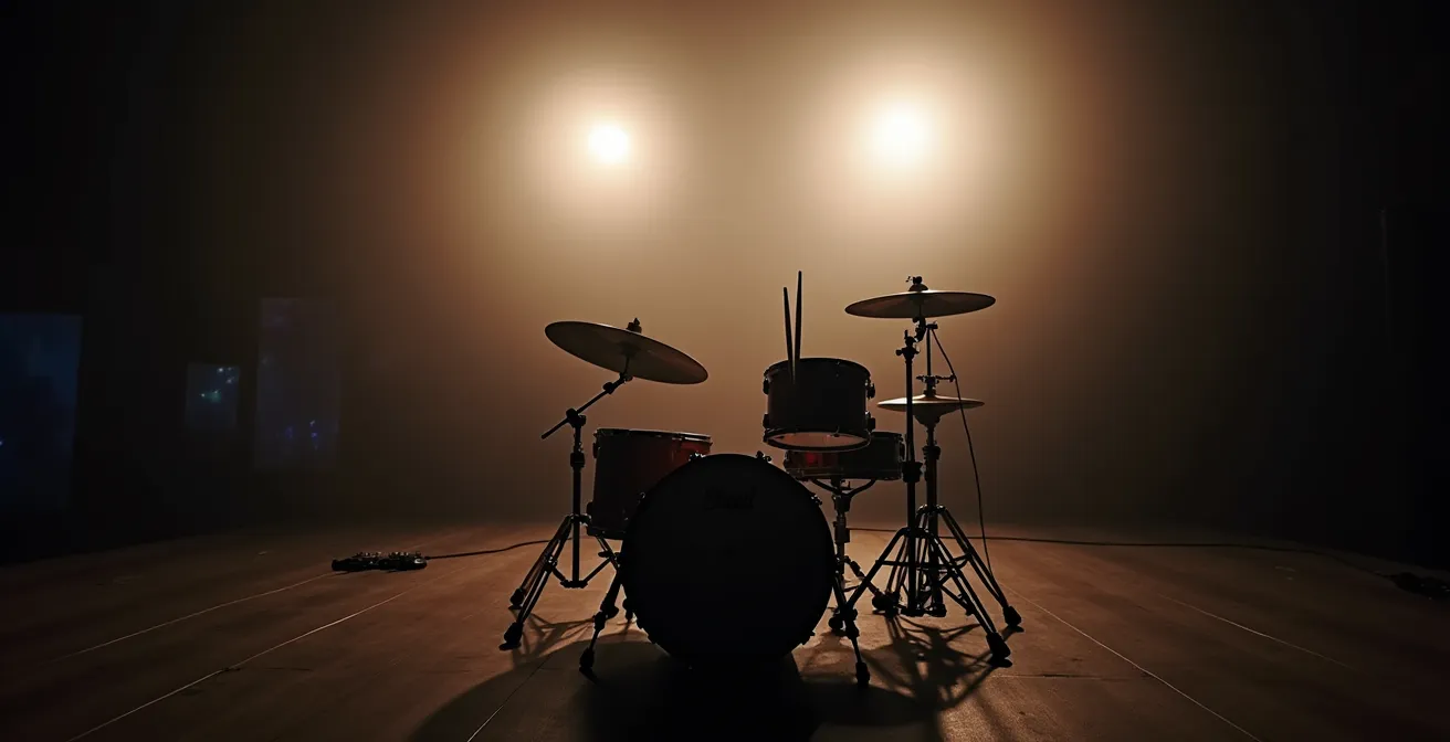 Kit de batterie sur scène rock avec éclairage dramatique