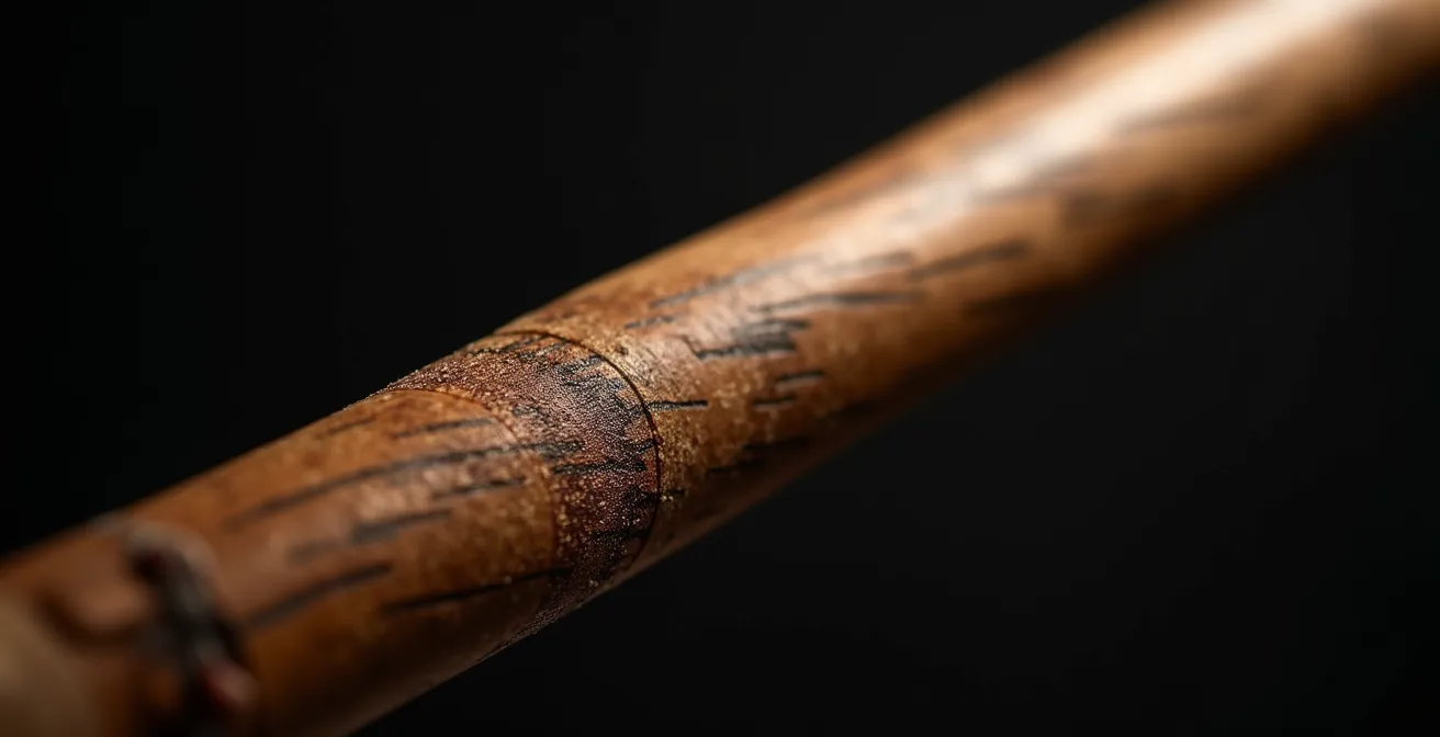 Vue macro de la texture du bois d'une baguette 5B avec ses veines naturelles