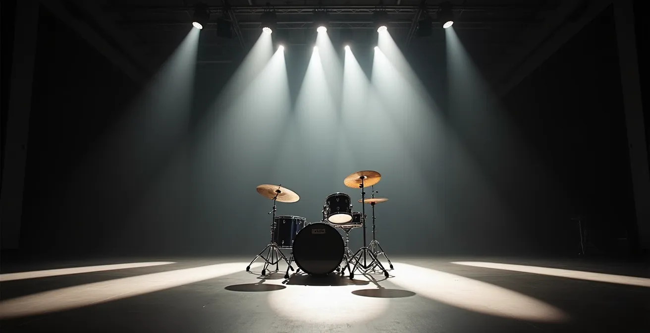 Vue large d'une scène avec batterie installée sous éclairage scénique atmosphérique