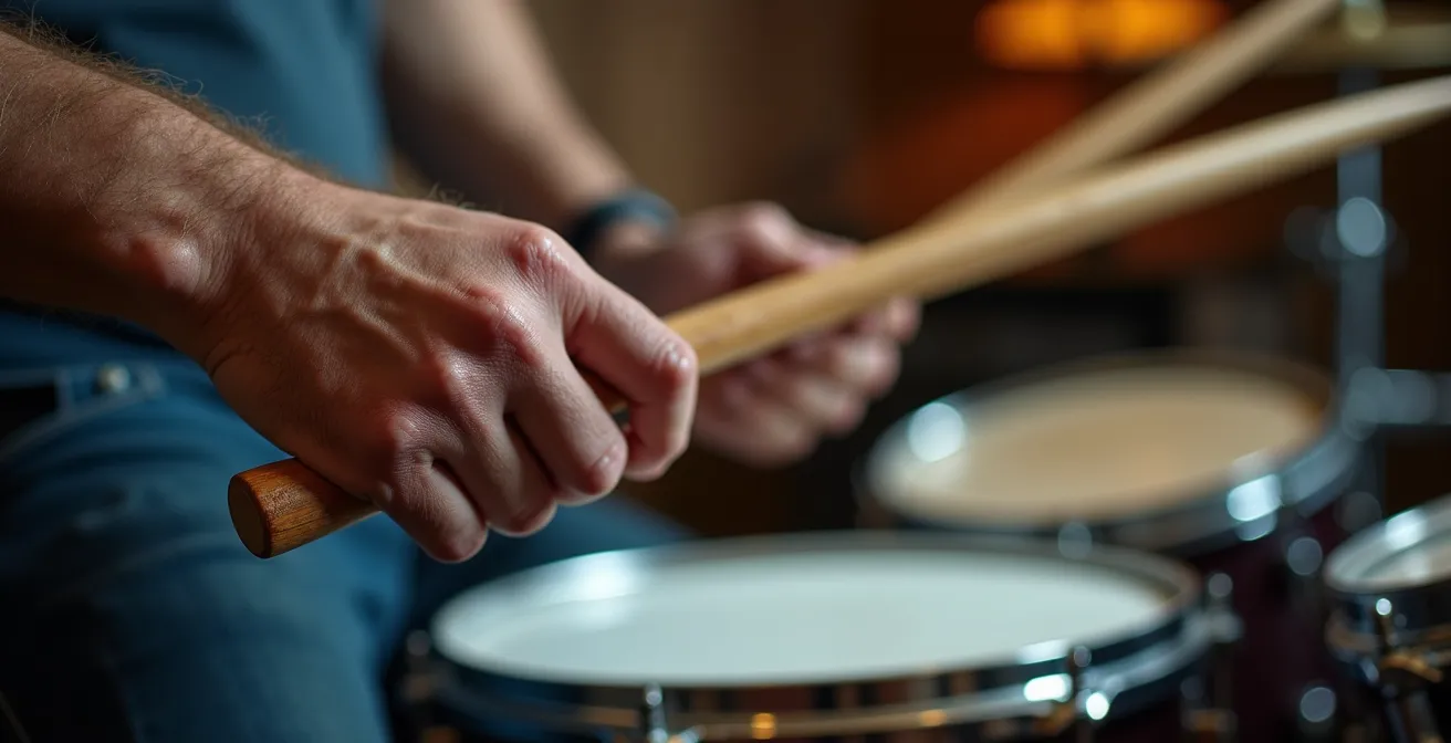Gros plan sur les mains d'un batteur tenant des baguettes 5B
